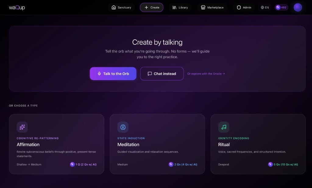 waQup create — Talk to the Orb, chat, and three practice types