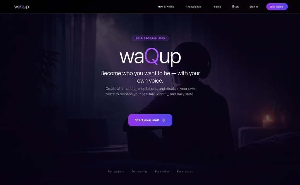 waQup landing — self-programming hero with waitlist and Start your shift CTA