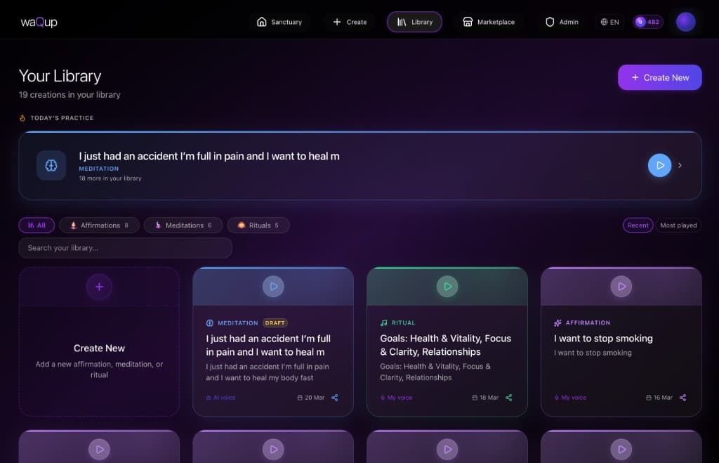 waQup library — affirmations, meditations, and rituals in your voice
